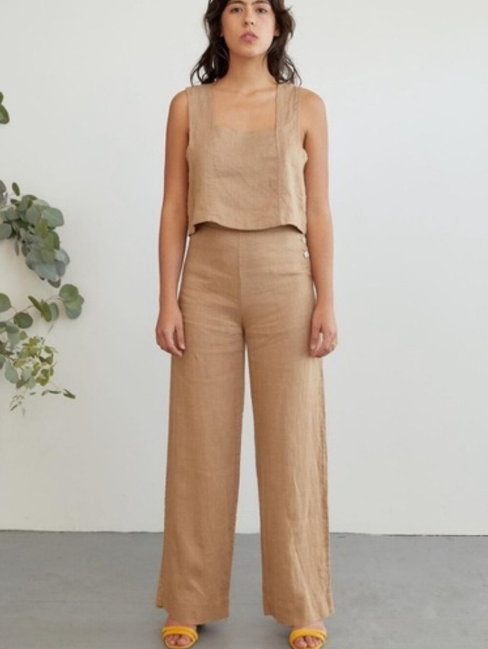 Sugar Candy Mountain tan Calla 100% linen side-button wide pants